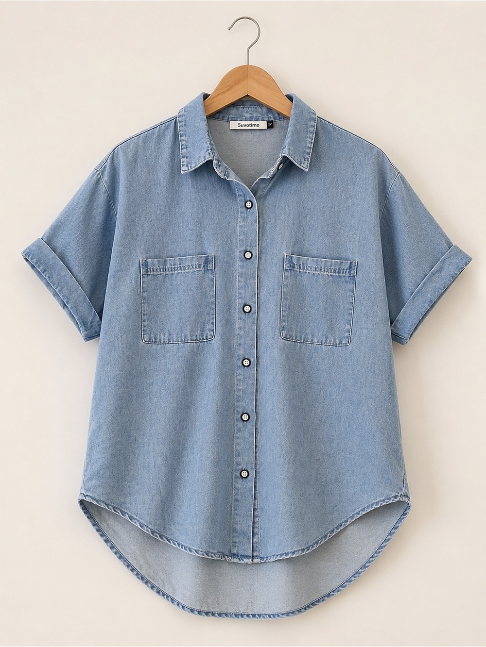 Chambray Denim Button Up Shirt Oversized Rayon Blend Size L Minimalist Suvotimo